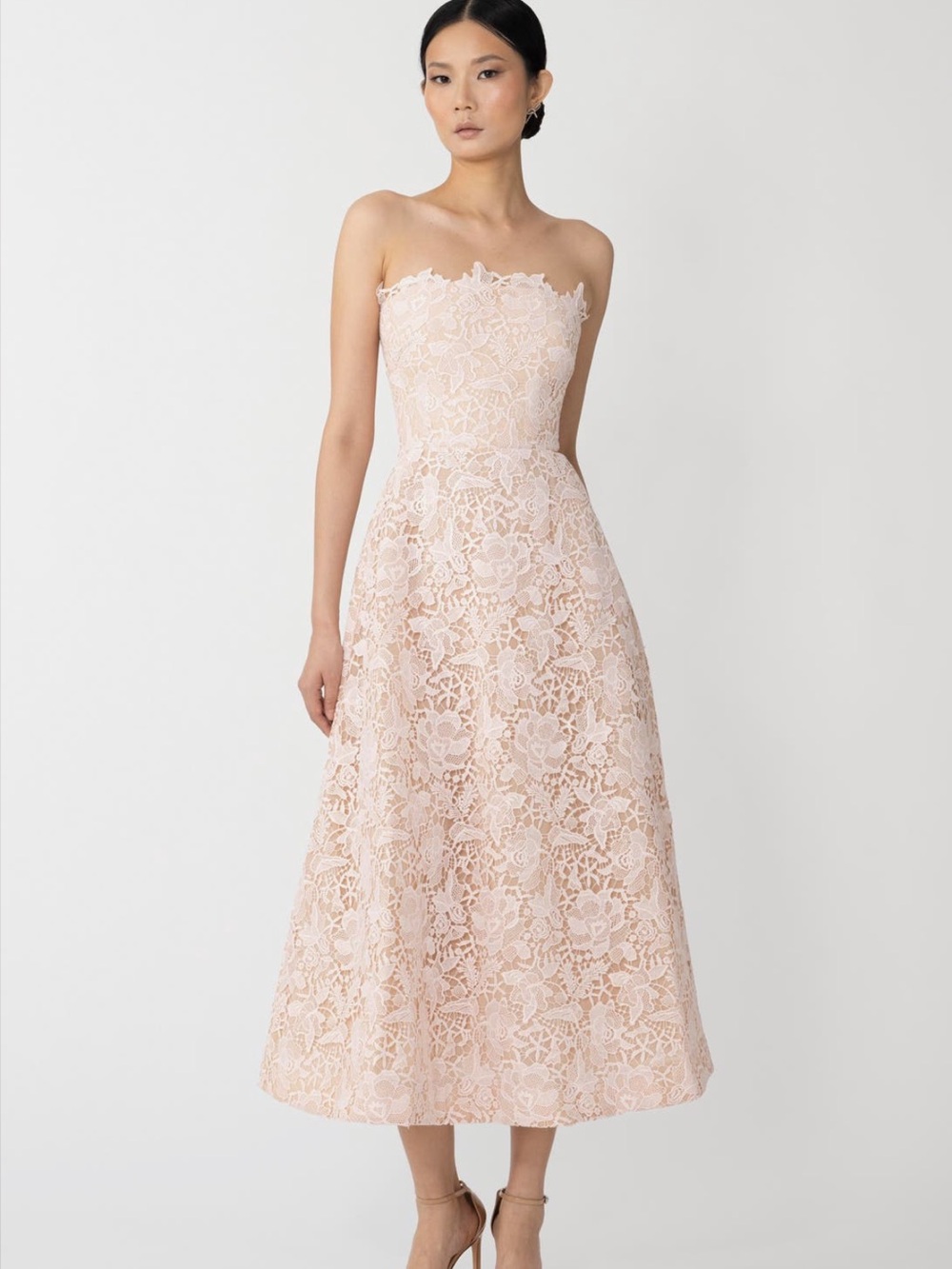Sau Lee Rosalia Strapless Lace Midi Dress in Sheer Pink
